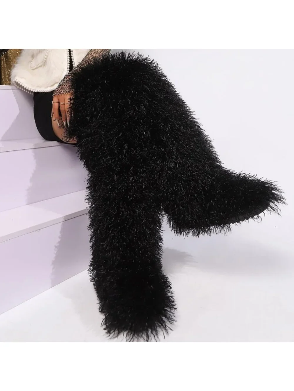Women's Black Round Toe Comfort Over The Knee Fluffy Fur Thigh High Boots
